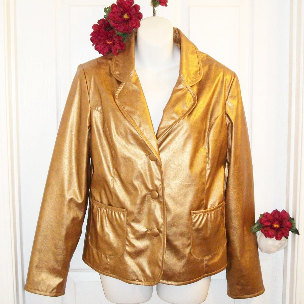 CATO Size M Gold Metallic Soft Faux Leather 3 Button Blazer Jacket